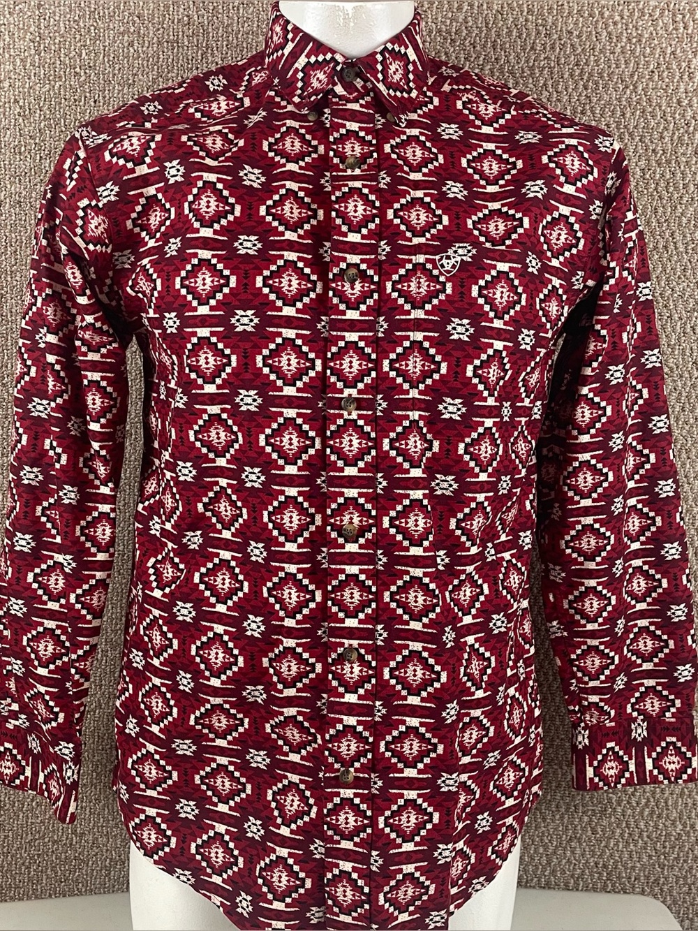 Ariat Shirt Mens Medium Red Aztec AOP Rodeo Long Sleeve Button Western F102